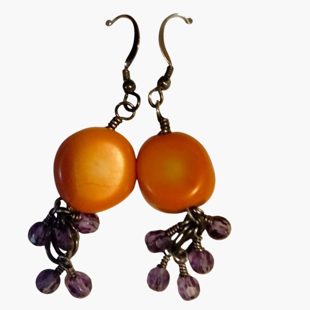 Bohemian Orange Purple Beaded Drop Earrings Handmade